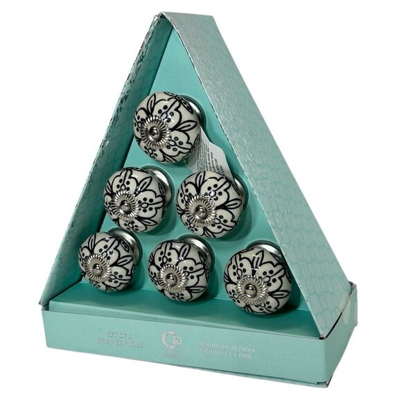 Casa Decor 6 White With Black Accents Drawer Pulls Knobs W Silver Filigree New - Picture 2 of 6